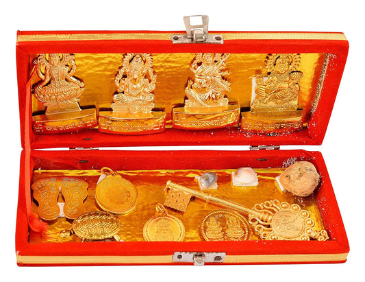 pujaparv Brass Shree Dhan Laxmi Kuber Bhandari Yantra Sarv Samriddhi Yantra Box (Golden)